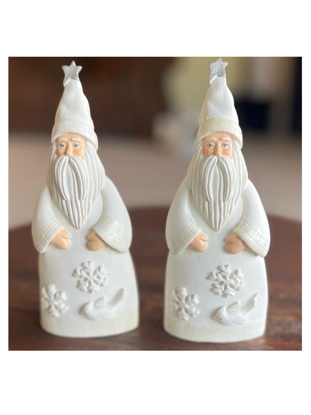 Pair of vintage Santas dressed in white with snowflakes and doves